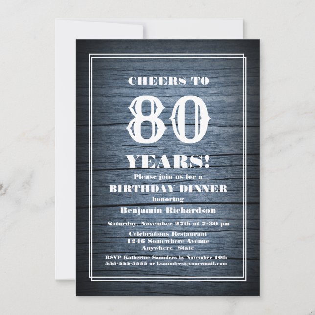 Rustic Wood 80th Birthday Dinner Party Invitation (Front)