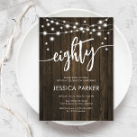 Rustic Wood 80th Birthday Party Invitation<br><div class="desc">Rustic Wood 80th Birthday Party Invitation. Black & white milestone bday invite with dark brown wood pattern. Features fairy string lights and modern hand style lettering script font "eightly". Perfect for men's or women's adult eightieth birthday celebration.</div>