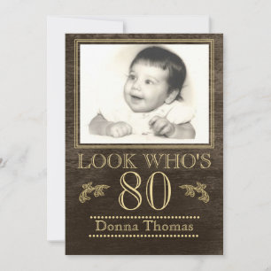 Rustic Wood 80th Birthday Photo Invitation