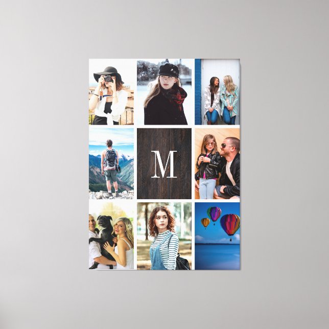 Rustic Wood 8 Photo Collage Monogram Personalised Canvas Print (Front)
