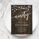 Rustic Wood 90th Birthday Party Invitation<br><div class="desc">90th Birthday Party Invitation. Rustic design with dark brown wood pattern. Classy invite card featuring fairy string lights and script font. Perfect for a stylish ninetieth bday celebration. Personalise with your own details. Can be customised for any age! Printed Zazzle invitations or instant download digital printable template.</div>