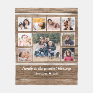 Rustic Wood 9 Photo Collage Quote Family Name Fleece Blanket