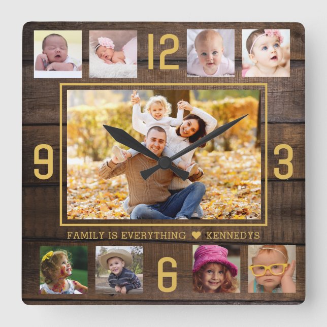 Rustic Wood 9 Photo Collage Quote Gold Numbers Square Wall Clock (Front)
