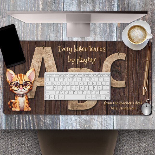 Rustic Wood ABC Alphabet Teacher Desk Mat (A rustic design desk mat featuring wood A B and C letters on a wood background with optional kitty)