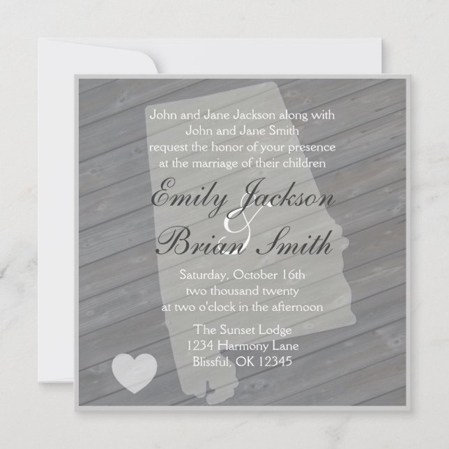 Rustic wood Alabama grey wedding invitations (Front)