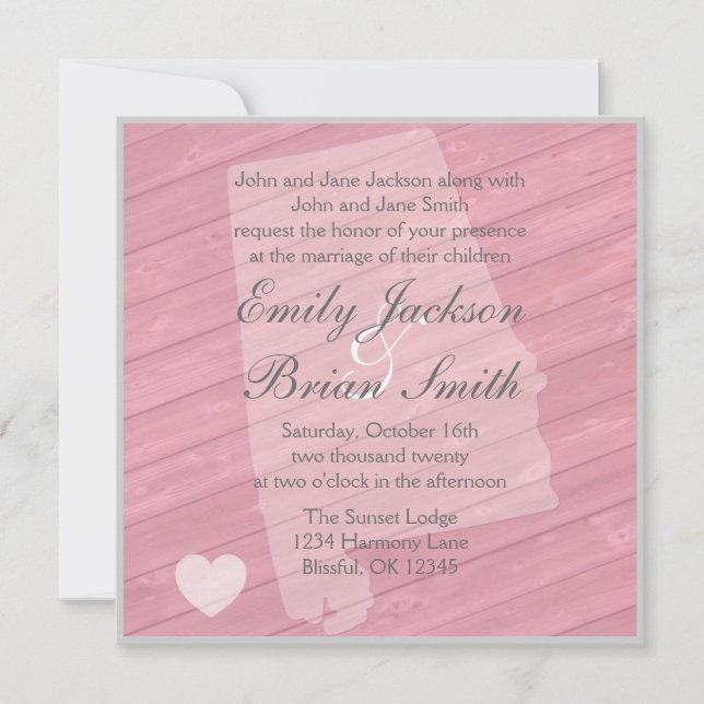 Rustic wood Alabama pink wedding invitations (Front)