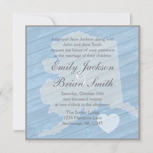 Rustic wood Alaska state blue wedding invitations (Front)