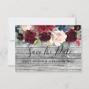 Rustic Wood All Seasons Burgundy Floral Wedding Save The Date