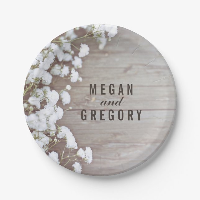 Rustic Wood and Baby's Breath Wedding Paper Plate (Front)