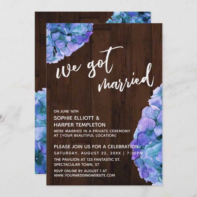Rustic Wood and Blue Hydrangea We Got Married Invitation (Front/Back)