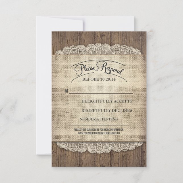 Rustic wood and burlap lace wedding RSVP cards (Front)