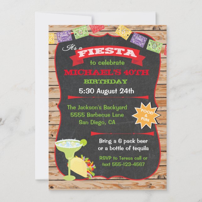 Rustic wood and chalkboard Mexican Fiesta Birthday Invitation (Front)