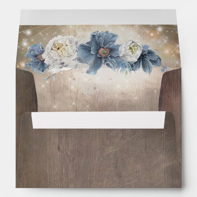 Rustic Wood and Dusty Blue Flowers Rustic Country Envelope (Back (Bottom))