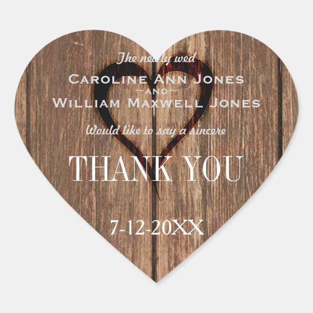 Rustic Wood and Engraved Heart Thank You Sticker (Front)