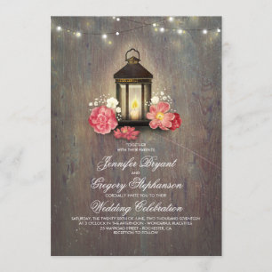 Rustic Wood and Floral Lantern Lights Fall Wedding Invitation