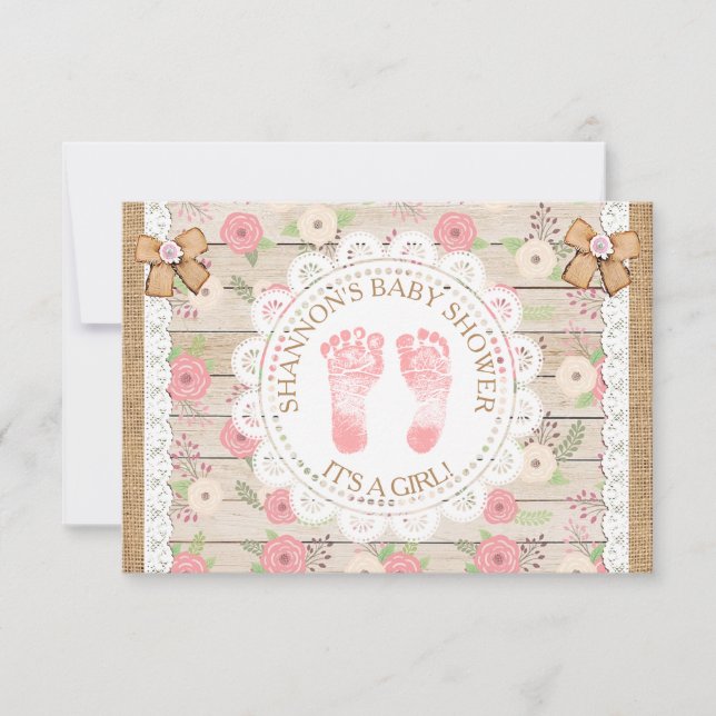 Rustic Wood and Flowers Pink and Tan Baby Shower Invitation (Front)