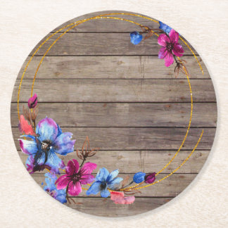 Rustic wood and flowers round paper coaster