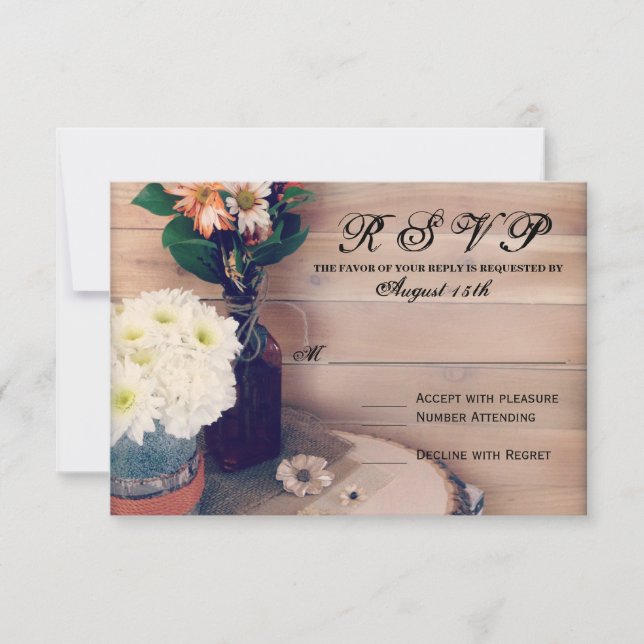 Rustic Wood and Flowers Wedding RSVP Cards (Front)
