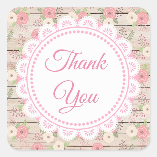 Rustic Wood and Flowers Wedding Thank You Square Sticker (Front)