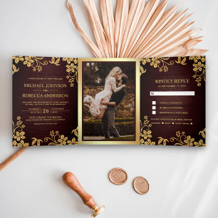 Rustic Wood and Gold Foil Floral Leaves Wedding Tri-Fold Invitation
