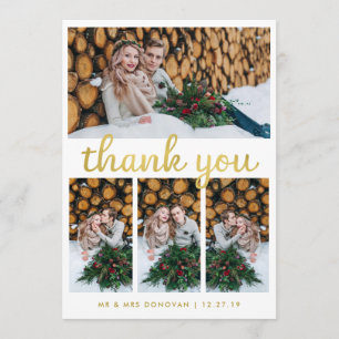 Rustic Wood and Gold Wedding Thank You 4 Photo Card