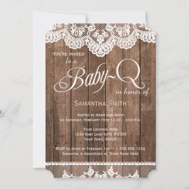 Rustic Wood and Lace Baby Q Shower Invitation (Front)