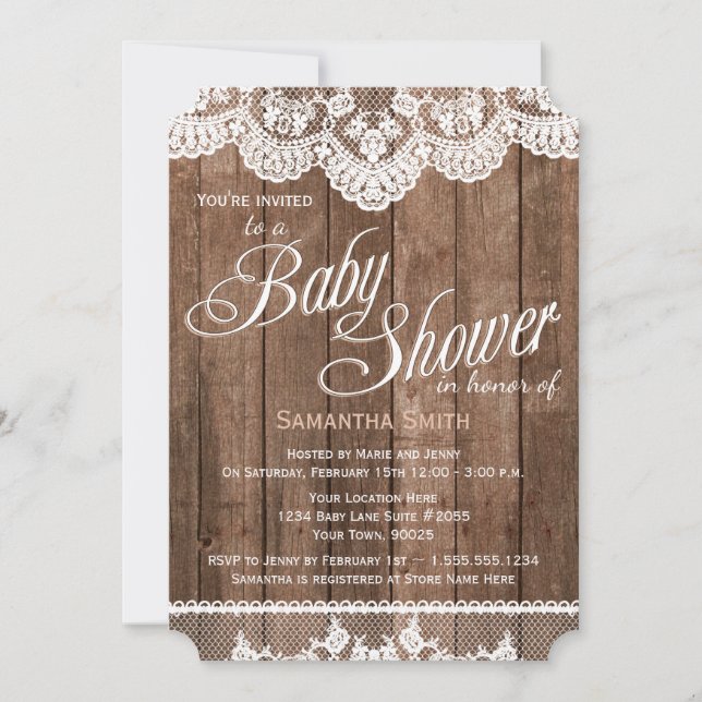 Rustic Wood and Lace Baby Shower Invitation (Front)