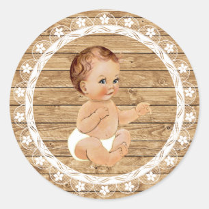 Rustic Wood and Lace Baby Shower Sticker. Classic Round Sticker