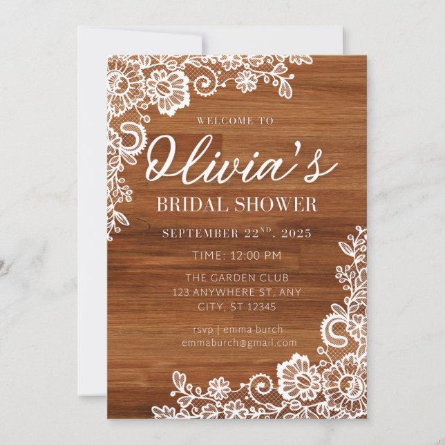 Rustic Wood and Lace Bridal Shower Invitation (Front)