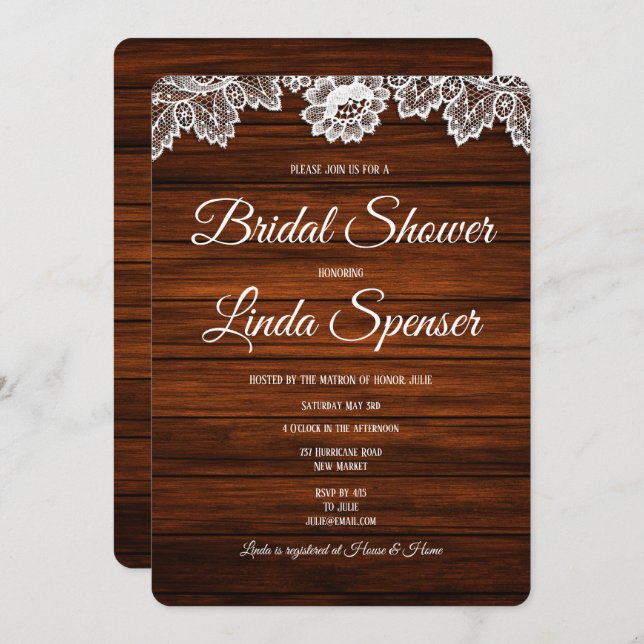 Rustic Wood and Lace Bridal Shower  Invitation (Front/Back)