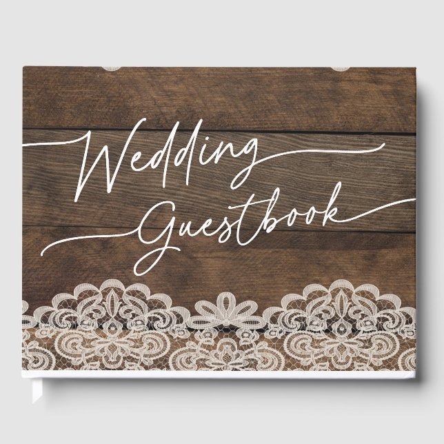 Rustic Wood and Lace Country Wedding Guestbook (Front)