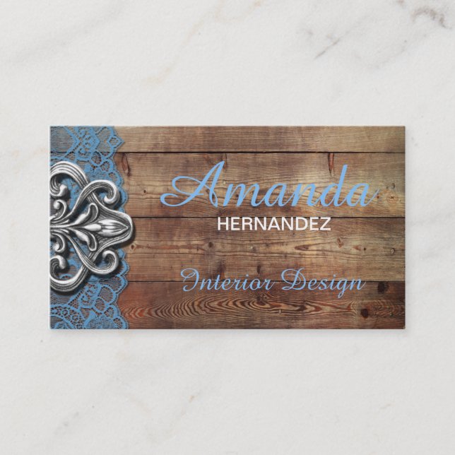 Rustic Wood and Lace Interior Design Business Card (Front)