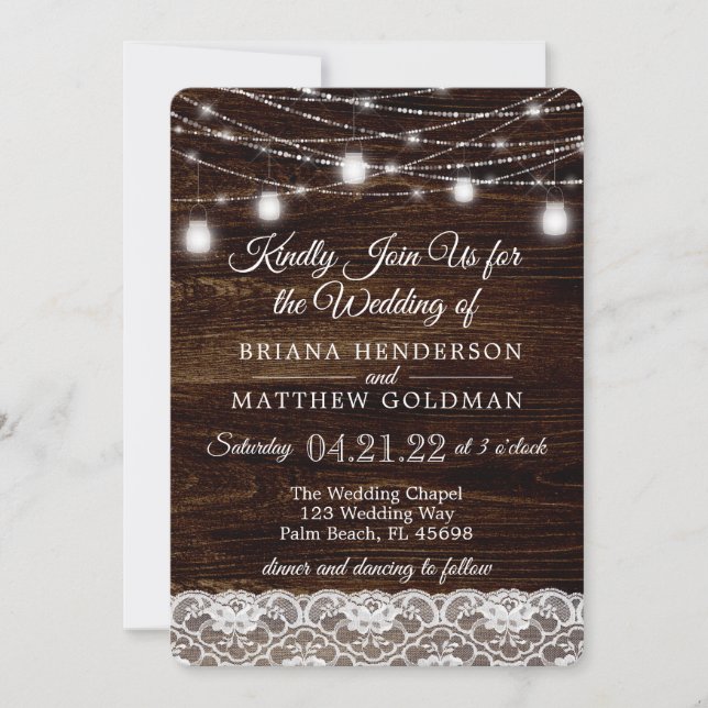 Rustic Wood and Lace Mason Jar Lights Wedding Invitation (Front)