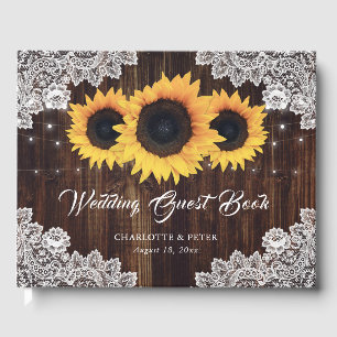 Rustic Wood and Lace Sunflower Wedding Guest Book