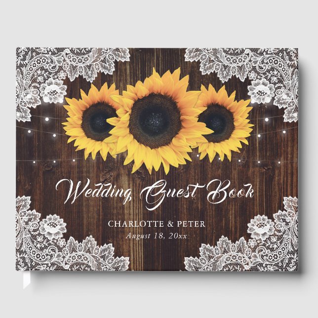 Rustic Wood and Lace Sunflower Wedding Guest Book (Front)