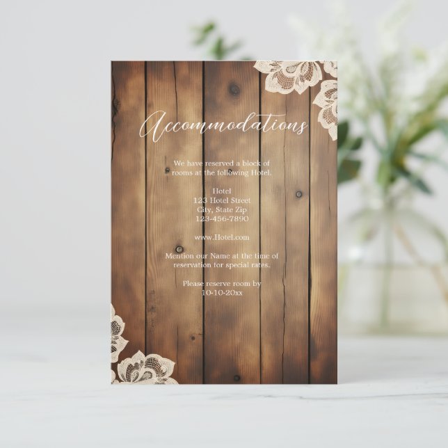 Rustic Wood and Lace Wedding Accommodation  Enclosure Card (Standing Front)
