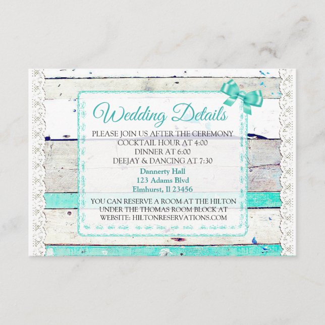 Rustic Wood and Lace  Wedding Details Card (Front)