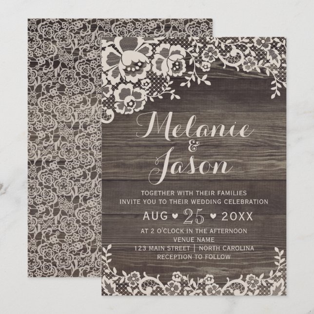Rustic Wood and Lace Wedding Invitation (Front/Back)