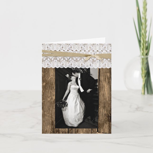 Rustic Wood and Lace Wedding Photo Thank You Card (Front)