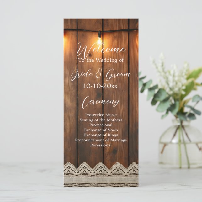 Rustic Wood and Lace Wedding Program Programme (Standing Front)
