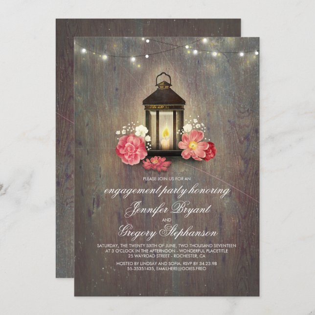 Rustic Wood and Lantern Barn Engagement Party Invitation (Front/Back)