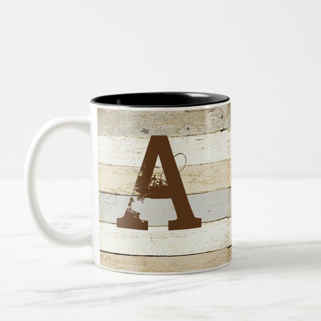 Rustic wood and letter Two-Tone coffee mug (Left)