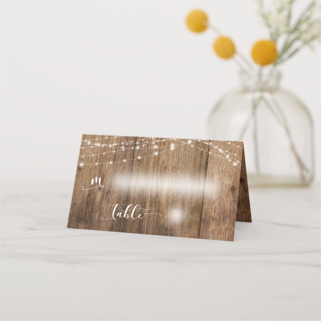 Rustic Wood and Lights Country Wedding Place Card (Front)