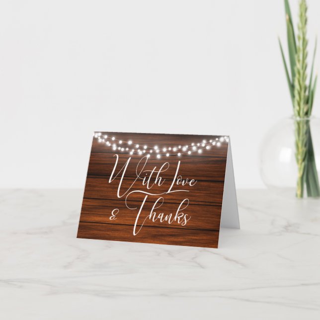 Rustic Wood and Lights Thank You Script Note Card (Front)