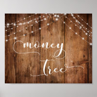 Rustic Wood and Lights Wedding Money Tree Sign