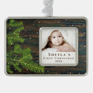 Rustic Wood and Pine Baby`s First Christmas Photo Silver Plated Framed Ornament