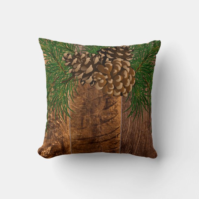 Rustic wood and  pine cone cushion (Front)