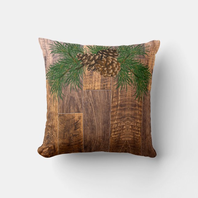 Rustic wood and  pine cone cushion (Front)