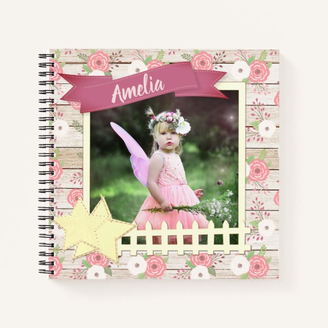 Rustic Wood and Pink Floral Custom Photo & Name Notebook (Front)