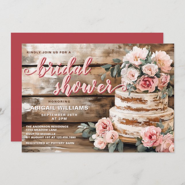 Rustic Wood and Pink Rose Cake Bridal Shower  Invitation (Front/Back)